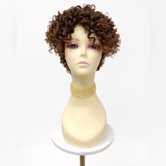 Brown mix short curly tapered heat resistant wig - Picture 1 of 7